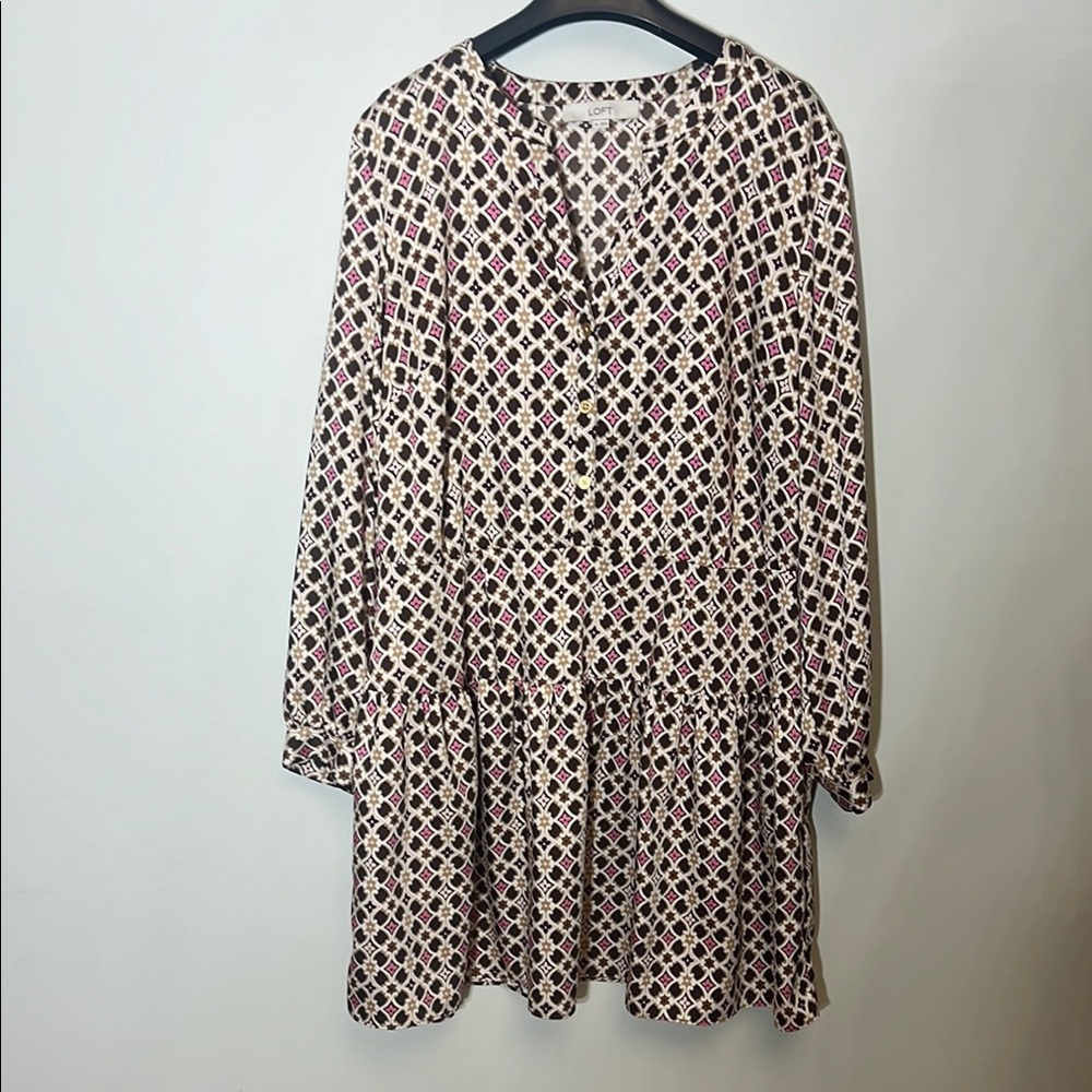 LOFT Brown and Pink Knee-Length Bishop Sleeve Sundress